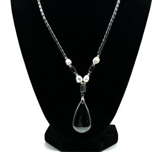 Black Hemotite Pendant Drum Beads Chunky Statement Hemotite Stone Necklace